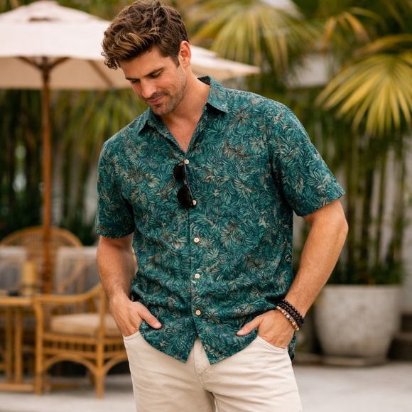 Scully Other - Scully Western Tropic Print Collared Shirt Teal Button Up Short Sleeve XXL